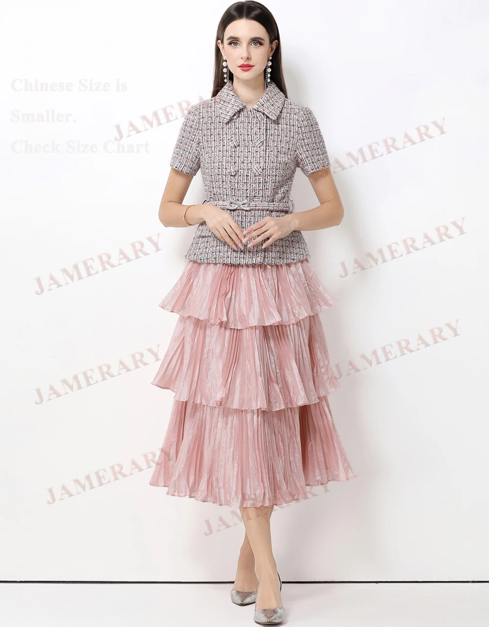 Summer Plaid Tweed Fake Two-Piece Set Long Dress Women Tweed Top Satin Cake Skirt Short Sleeve Diamond Elegant Autumn Dresses