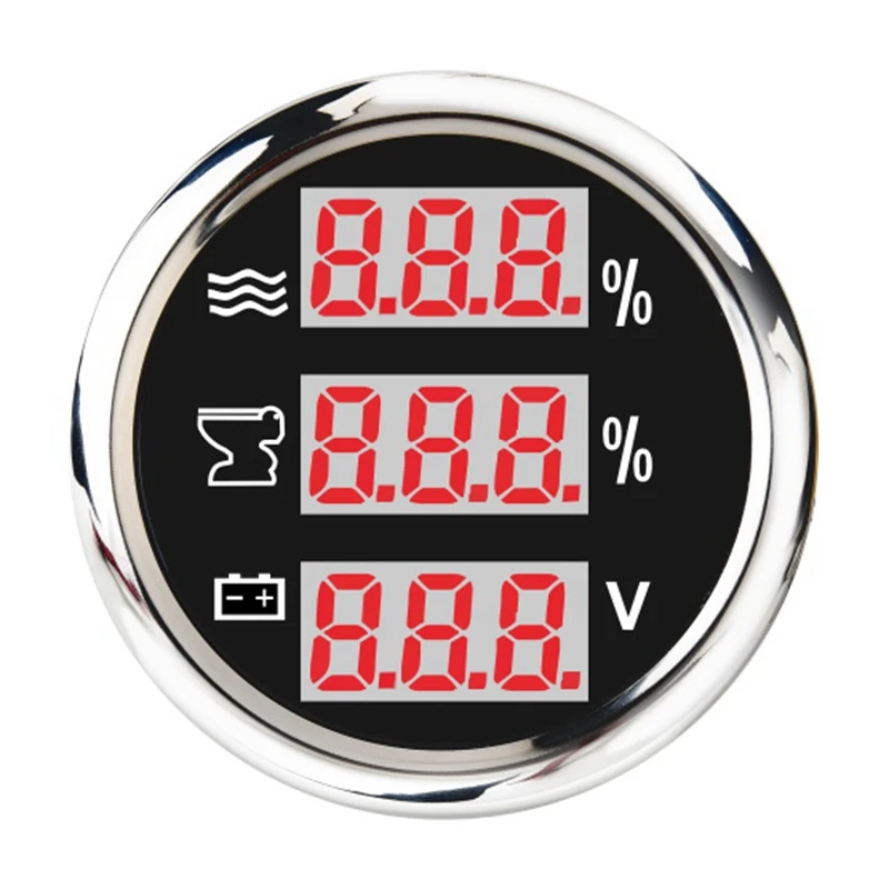 Universal 52mm 3 in 1 Multi-Function Digital Gauge Water Level Waste Holding Tank Indicator Voltmeter with Alarm