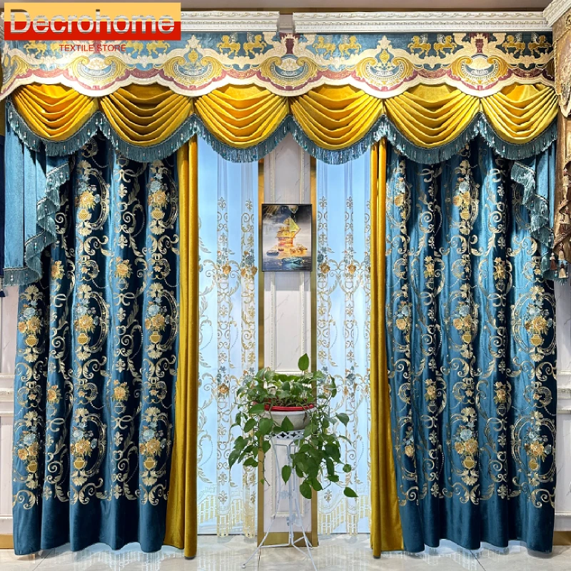 

American Retro Blue High-end Embroidered Velvet Curtains for Living Room Bedroom Balcony and Villa Customization Valance