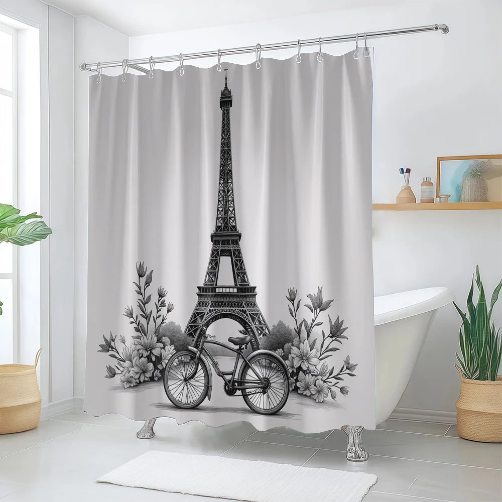 1pc Printed Shower Curtain with the Eiffel Tower and Flower Bicycle Patterns, a Simple Art-style Home Decoration Bathroom Curtai