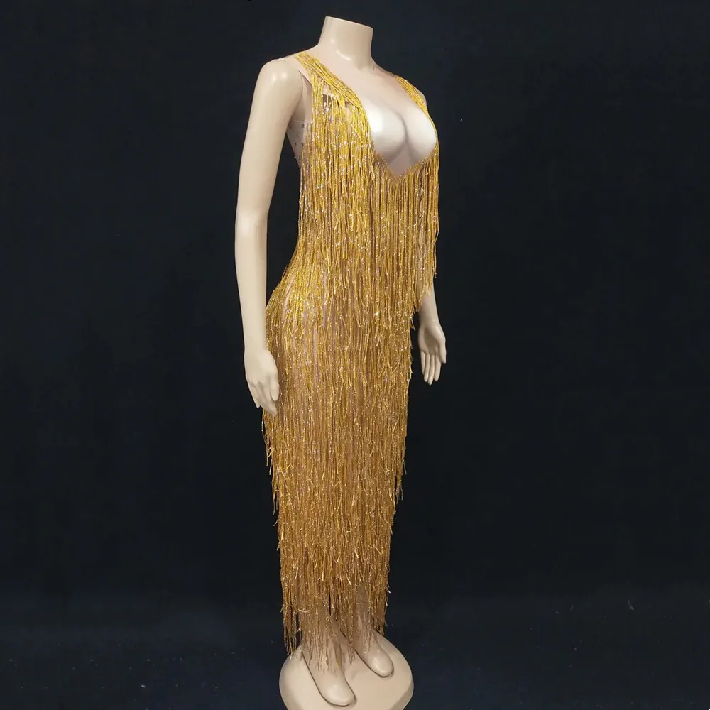 พู่ทองคริสตัลแขนกุดชุดยาวเซ็กซี่ Club Party Stage Performance เสื้อผ้านักร้องคอนเสิร์ต Fringe เครื่องแต่งกาย