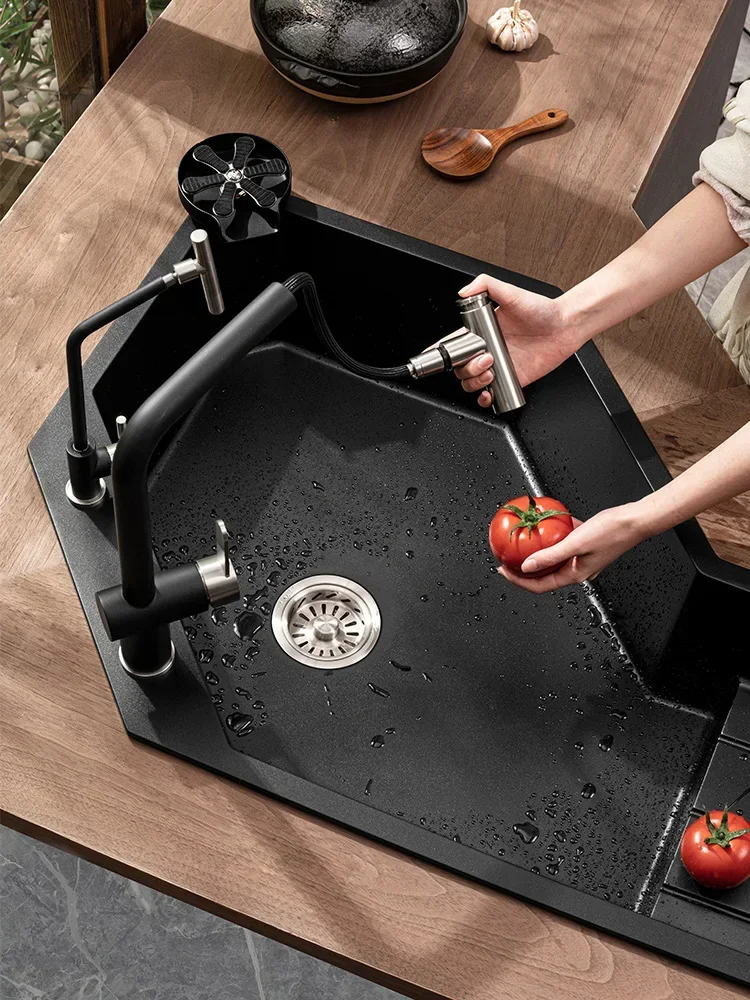 Hot Sales Kitchen Irregular Corner Dish Sink Quartz Stone Large Single Sink Corner Dish Black