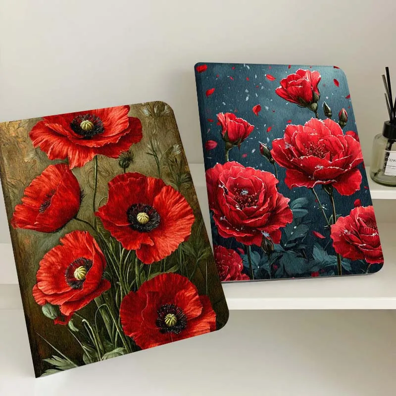 

Art Retro Red Flower Gift For Apple iPad Pro Air 13 2 7th 6th 2025 M2 M3 M4 M512.9 13 inch Foldable Tablet Case