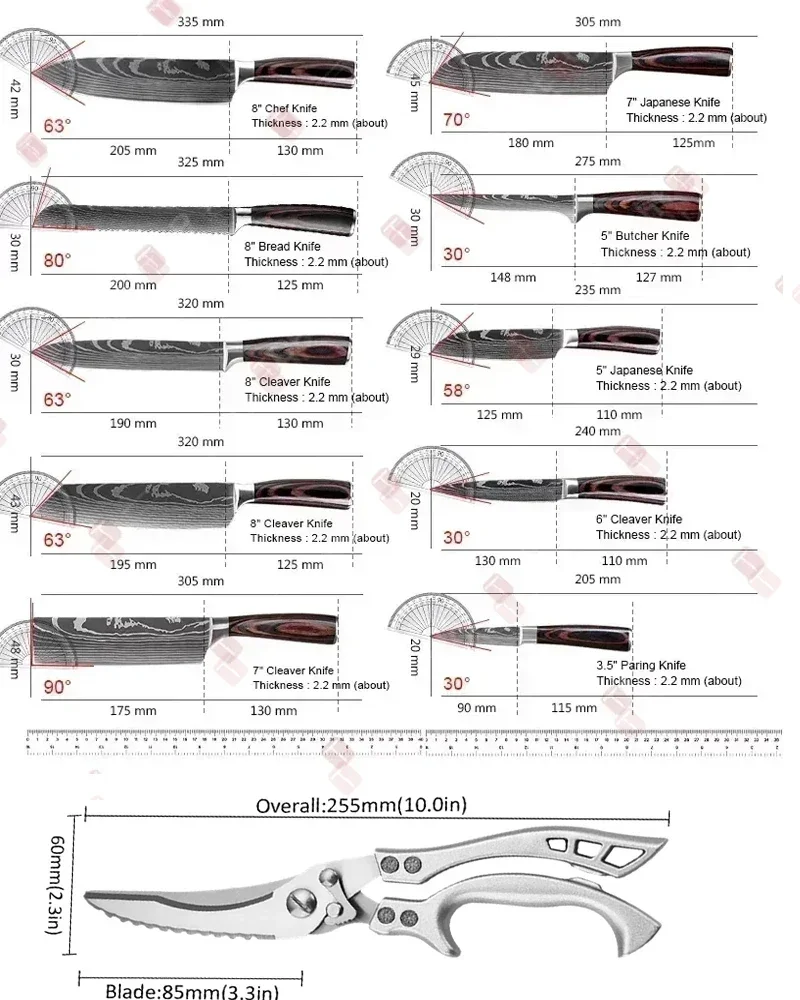 6PCS Damascus Knife Scissor Set Japanese Santoku Knife Ultra-Sharp Cooking Chef Knife Professional Boning Knife Meat Cutting