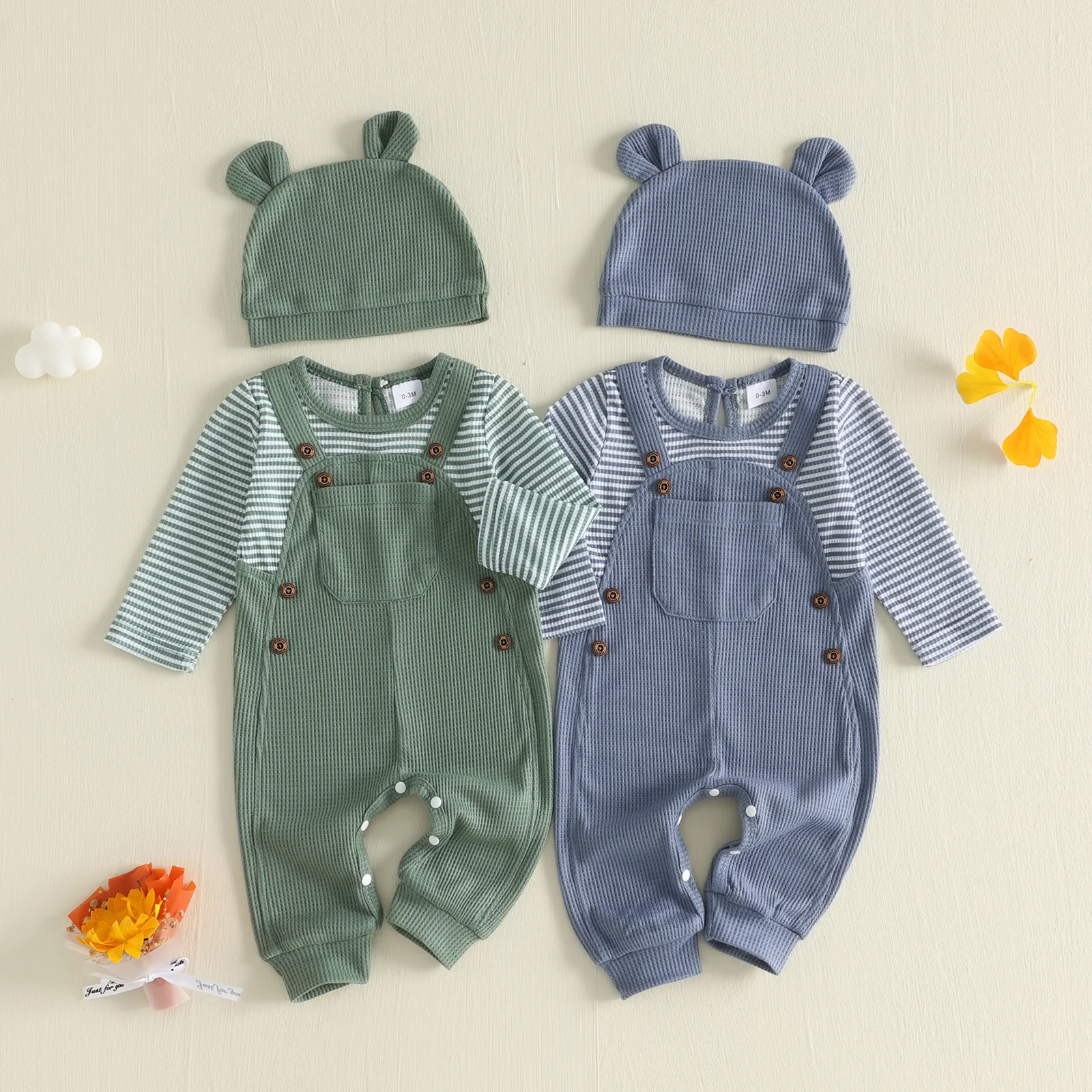 Cute Infant Newborn Baby Boys Fall Outfit Long Sleeve Patchwork Romper Stripe Long Sleeve Romper Jumpsuits Hat 2 Pcs Set