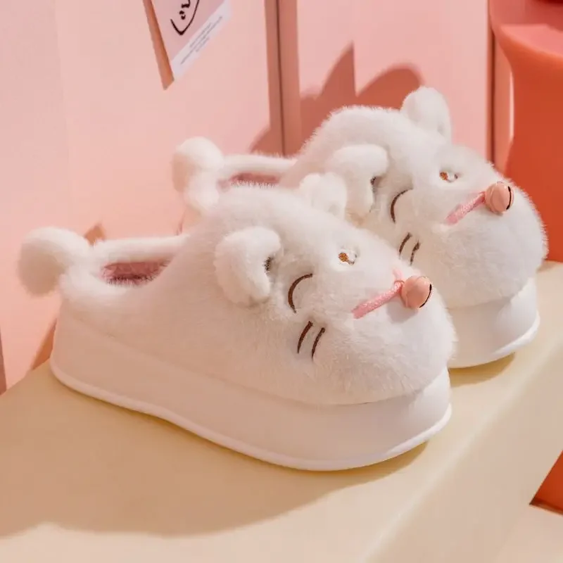 6 cm Platform fluffy cat slippers women cute home indoor shoes ladies white kitty mules woman winter warm slides room slippers