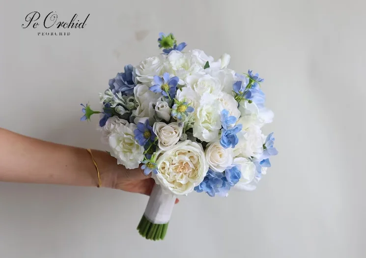 PEORCHID Artificial Wildflower rustic Bridal Bouquet White Blue bouchet sposa Rose Spring Summer Wedding Flowers Bouquets