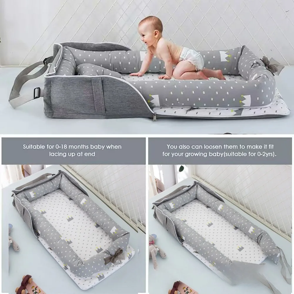 

Портативная детская складная дорожная кровать с регулируемыми лямками и съемным матрасом для родителей дома и на открытом воздухе