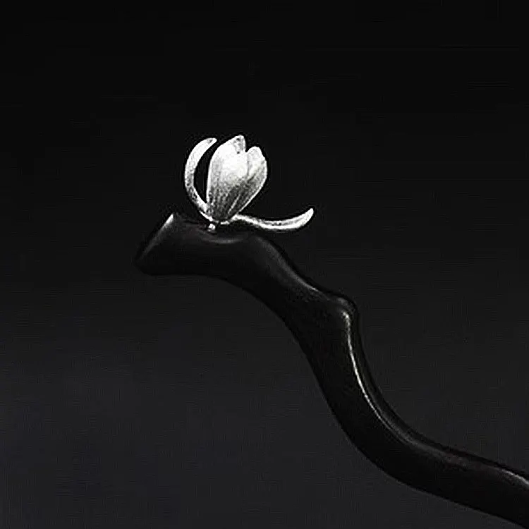 Chinese Style Lucky Blessing Ebony Wood Hairpin S925 Sterling Silver Magnolia Flower Vintage Hair Stick For Women Hanfu Cheongsa