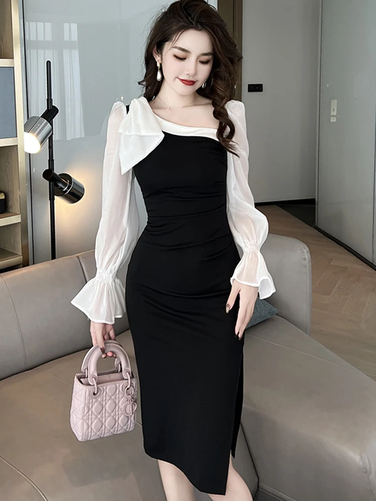 2023 Black White Panelled Slim Dresses for Woman Elegant Sweet Bow Puff Sleeve Split Midi Dresses Office Lady Party Date Vestido