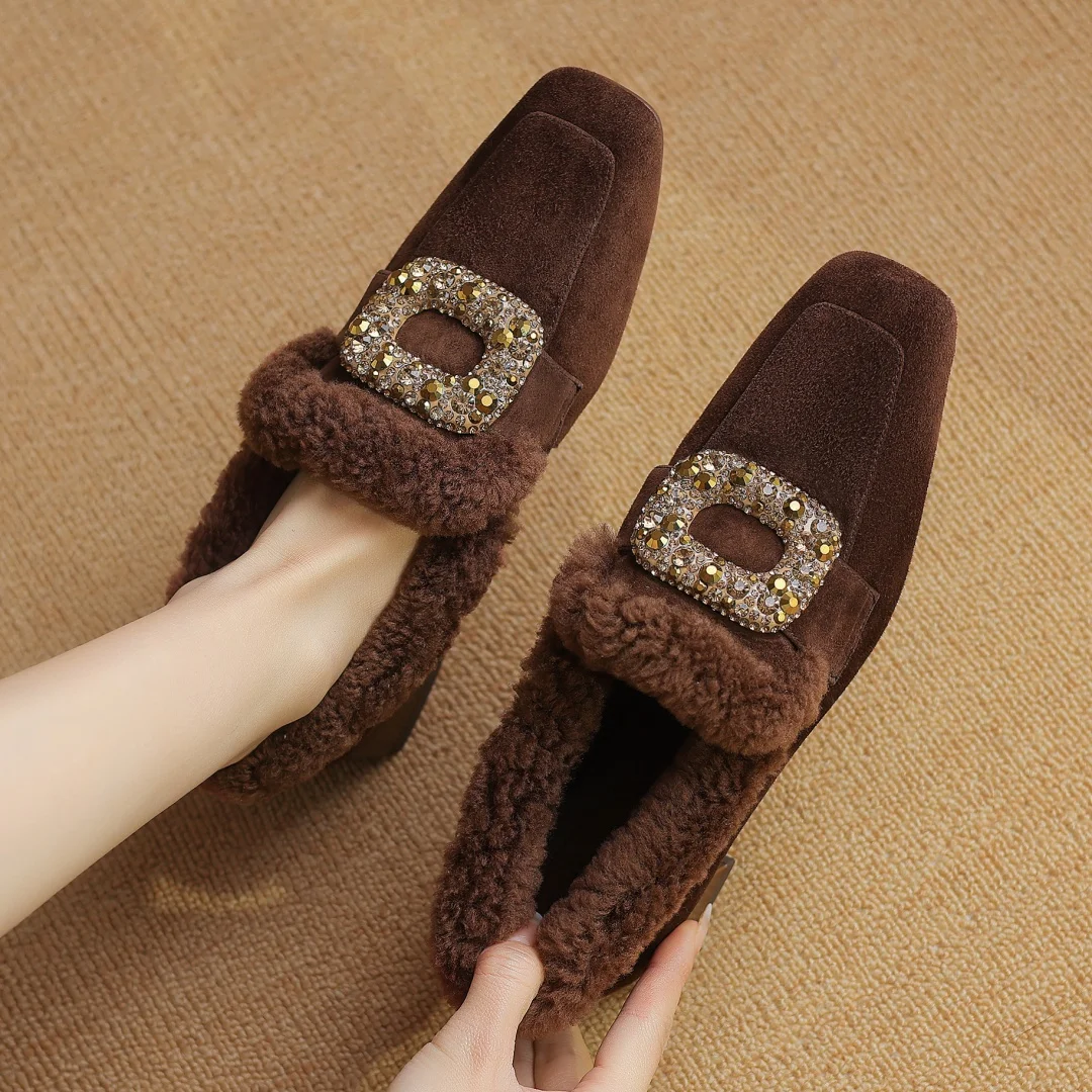 Women\'\'s natural suede leather wool inside crystal buckle square toe slip-on winter flats loafers high quality cold weather shoe