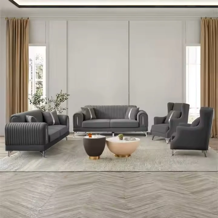 #   Luxuriöses Wohnzimmer-Sofa-Set Neues Design Gold-Stahl-Verziertes Modernes Samt-Sofa-Set für Wohnzimmer