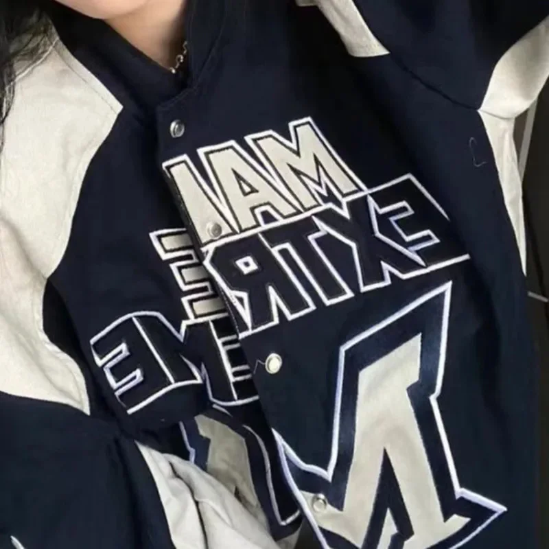 Embroidery Jacket Retro Street High Street Heavy Industry Racing Motorcycle Jacket Retro Color Block Letters Chic Loose Coat New