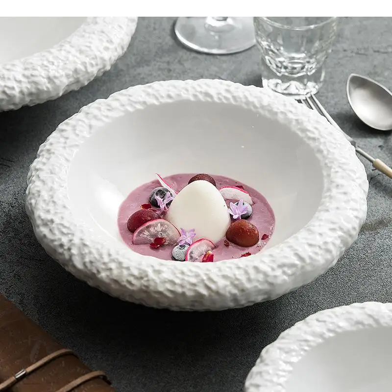 

Rock Texture Ceramic Double Layer Bowl Restaurant Thick Soup Salad Dessert Snack Bowls Specialty Tableware