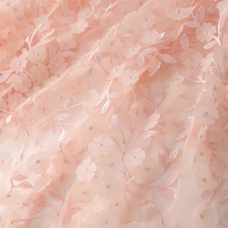

Ins Style Pink Laser 3D Floral Embroidered Mesh Fabric for Women Dresses Kids Gowns By The Meter