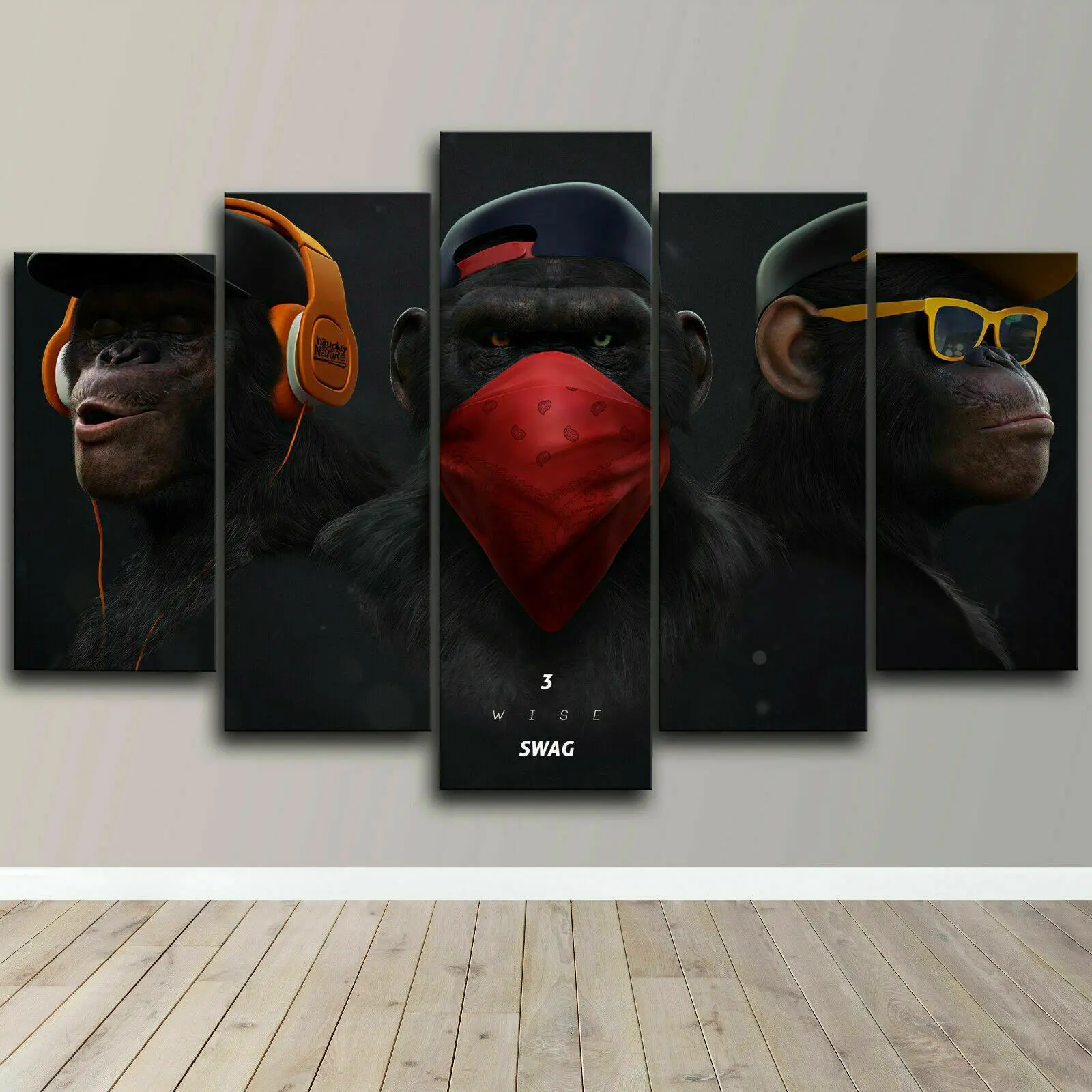 Three Wise Monkeys 5 Piece Canvas Print Wall Art Home Decor Cuadros 5 Panel HD Print Pictures Poster No Framed Room Decor