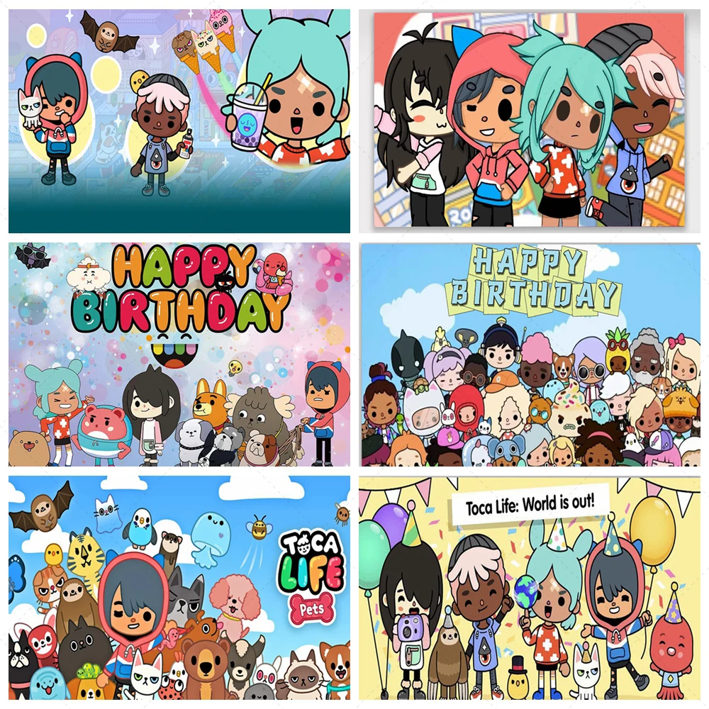 Toca Life World Theme Backdrops for Birthday Party Photography Cartoon Game Kids Boys Girls colorful balloon Decor Backgrounds