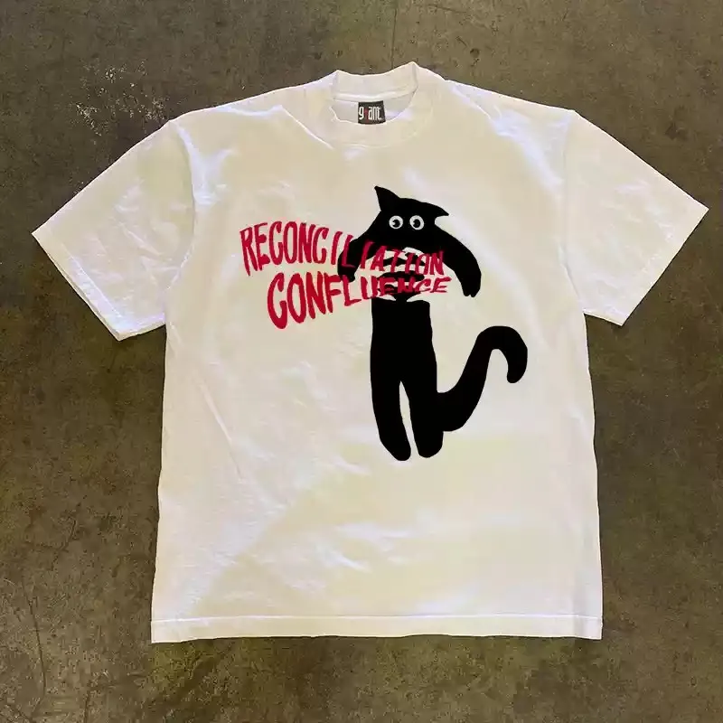 Unisex Funny Abstract Black Cat Graphic T‑Shirt Men Women Doodle Cartoon Animal Art Print Tee 100% Cotton Loose Grunge Streetwear Short Sleeve T Shirt.