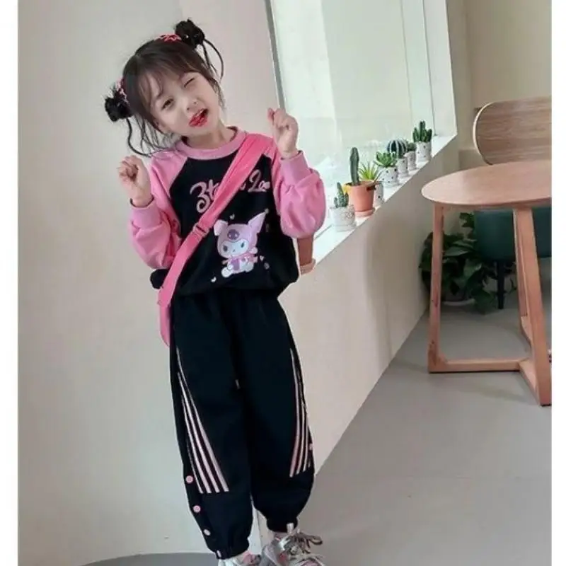 Sanrios Kuromi Kawaii Kids Sportswear Suit Outdoor Comfortable Long Sleevetop Sweatpants Set Autumntop Skirtsuit Girls Clothing