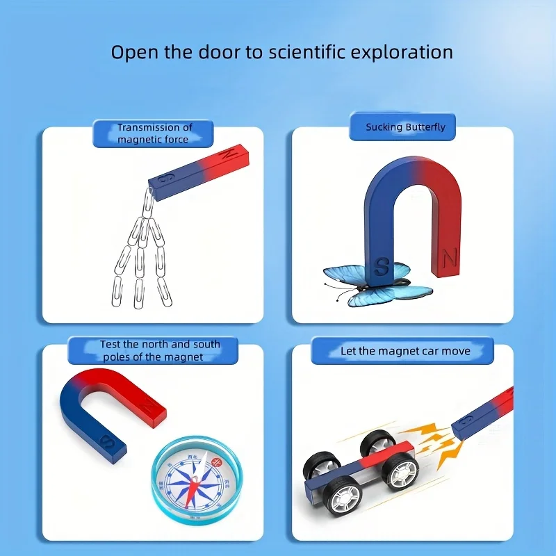 مجموعة أدوات مغناطيس علوم الفيزياء الكاملة للأطفال تجارب تعليمية جذعية مع بوصلة مغناطيسية على شكل حرف U مع حلقة شريطية