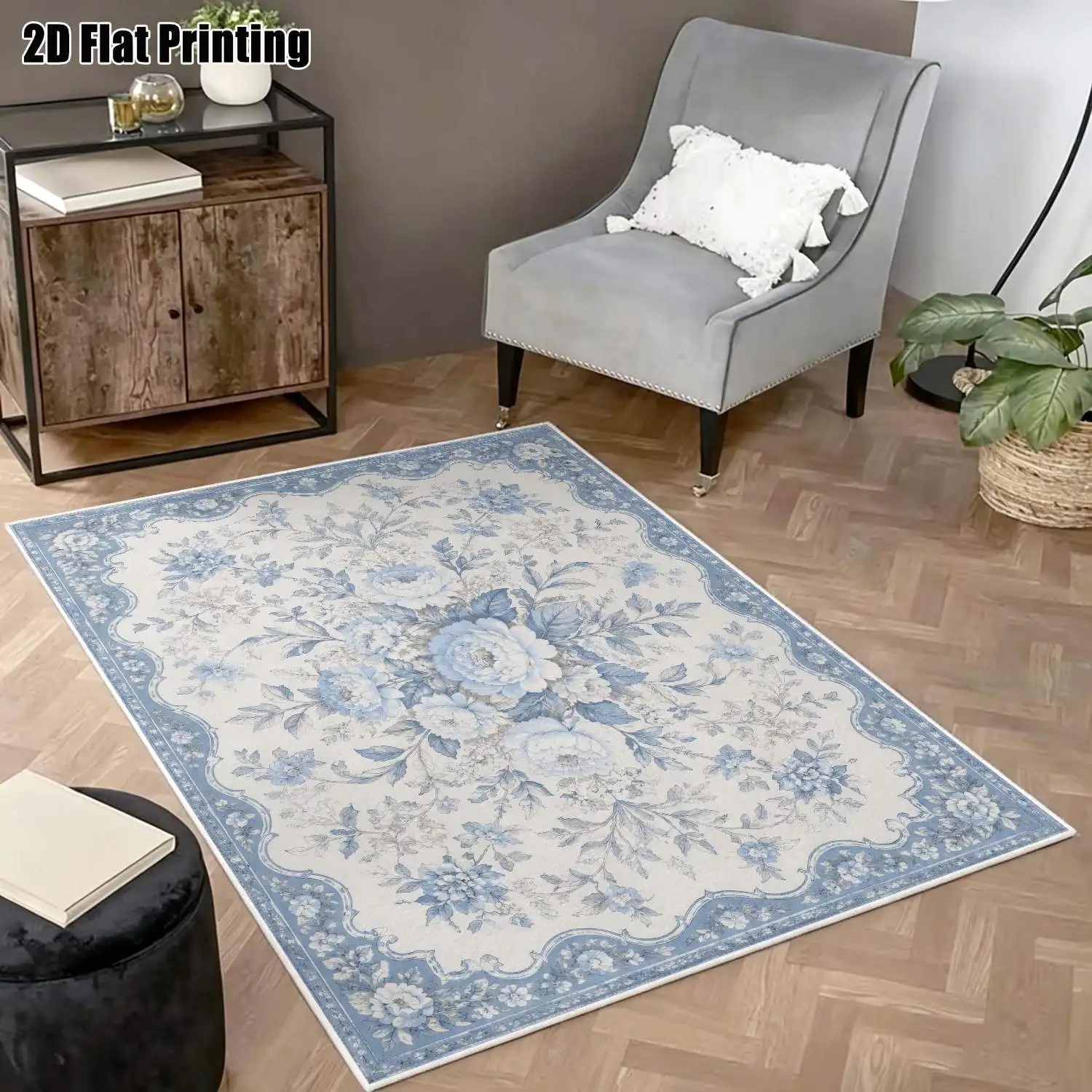 1Pc 2D Printed Blue-White Floral Velvet Carpet, European Vintage, Machine Washable, Multi-Size for Home Decor & Multi-Scene Use