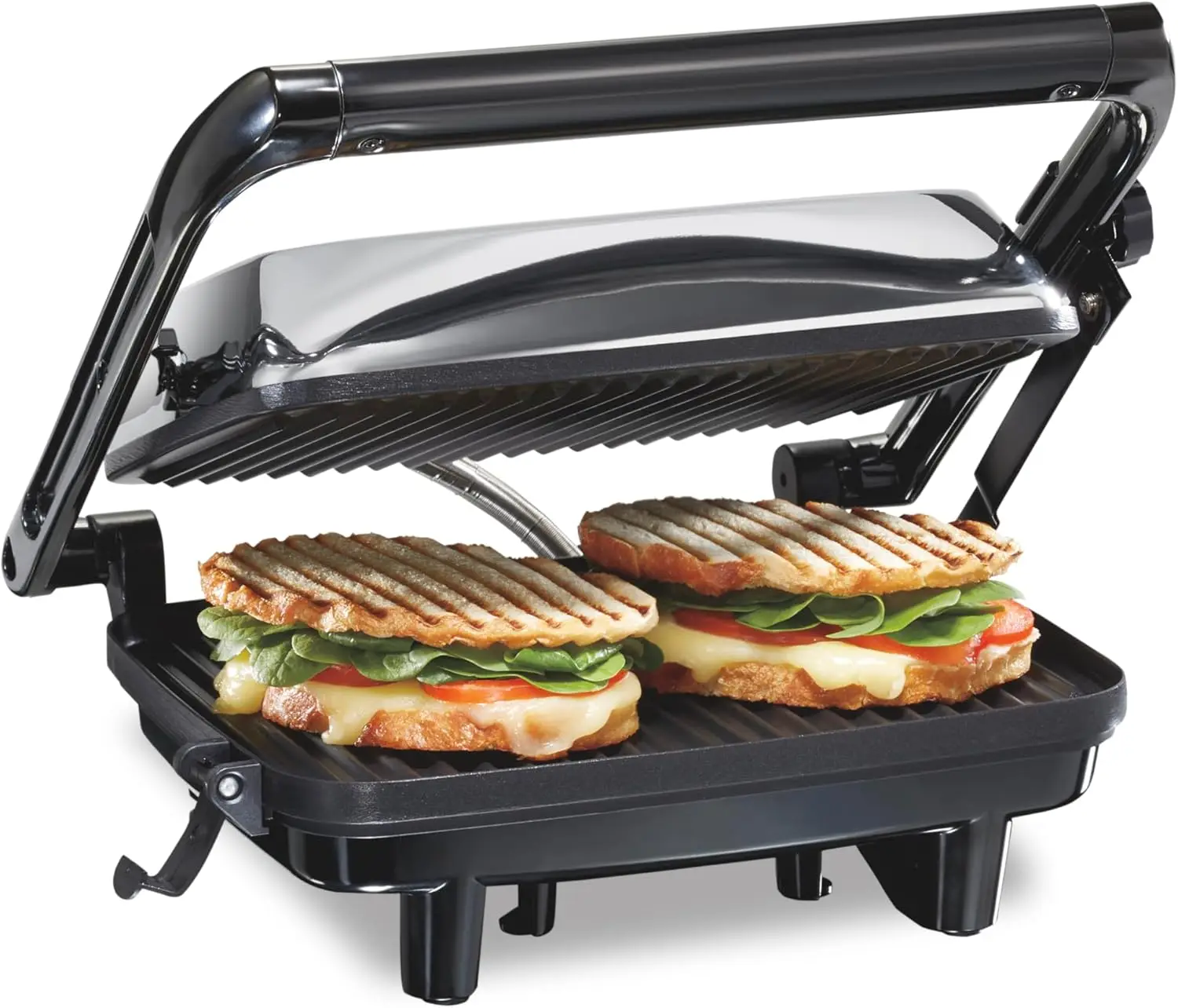 

Panini Press Sandwich Maker with Locking Lid, Nonstick Grids for Burgers & Quesadillas, Chrome Finish
