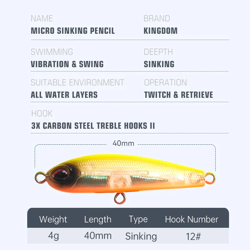 Kingdom Fishing Lures Mini Pencil Hard Baits Slow Sinking 40mm 4g Artificial Baits High Quality Wobblers Fishing Tackle