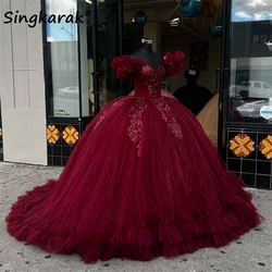 New Arrival Red Wine Quinceanera Dresses Bead Crystals Ruffle Bottom Birthday Party Dress Mexican Sweet 16th Prom Customized