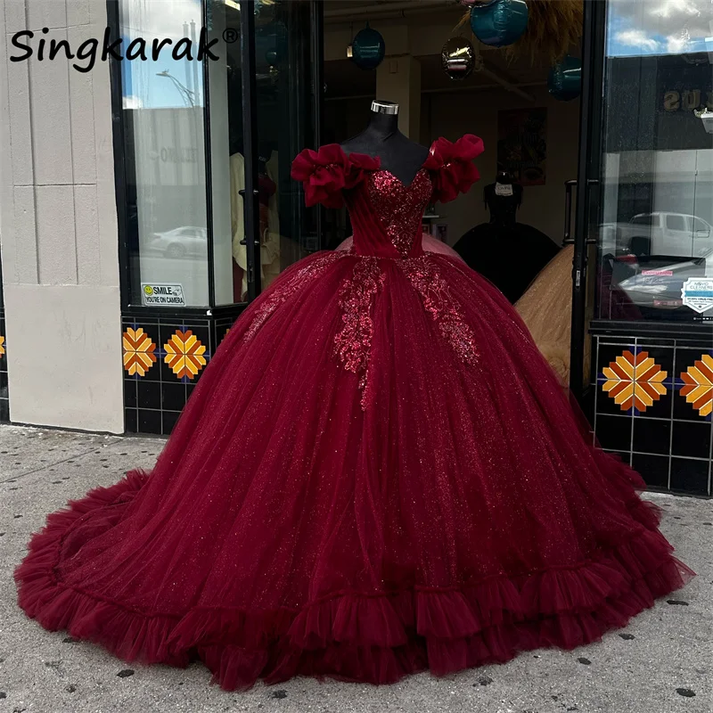 New Arrival Red Wine Quinceanera Dresses Bead Crystals Ruffle Bottom Birthday Party Dress Mexican Sweet 16th Prom Customized