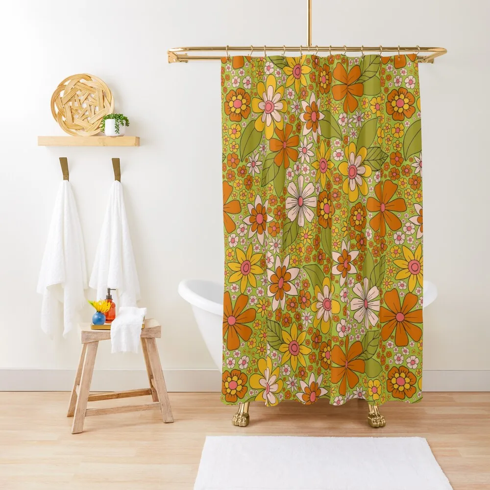 

1960s, 1970s Retro Floral in Green, Pink & Orange - Flower Power Shower Curtain Shower Bathroom Curtain