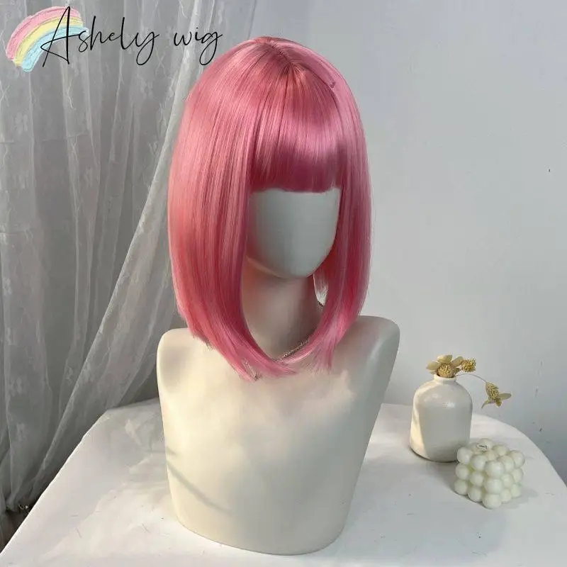 

Розовый парик с челкой, 12 дюймов, короткий парик-каре, милые прямые парики из термостойких волокон, блестящие синтетические парики в стиле Лолита для косплея