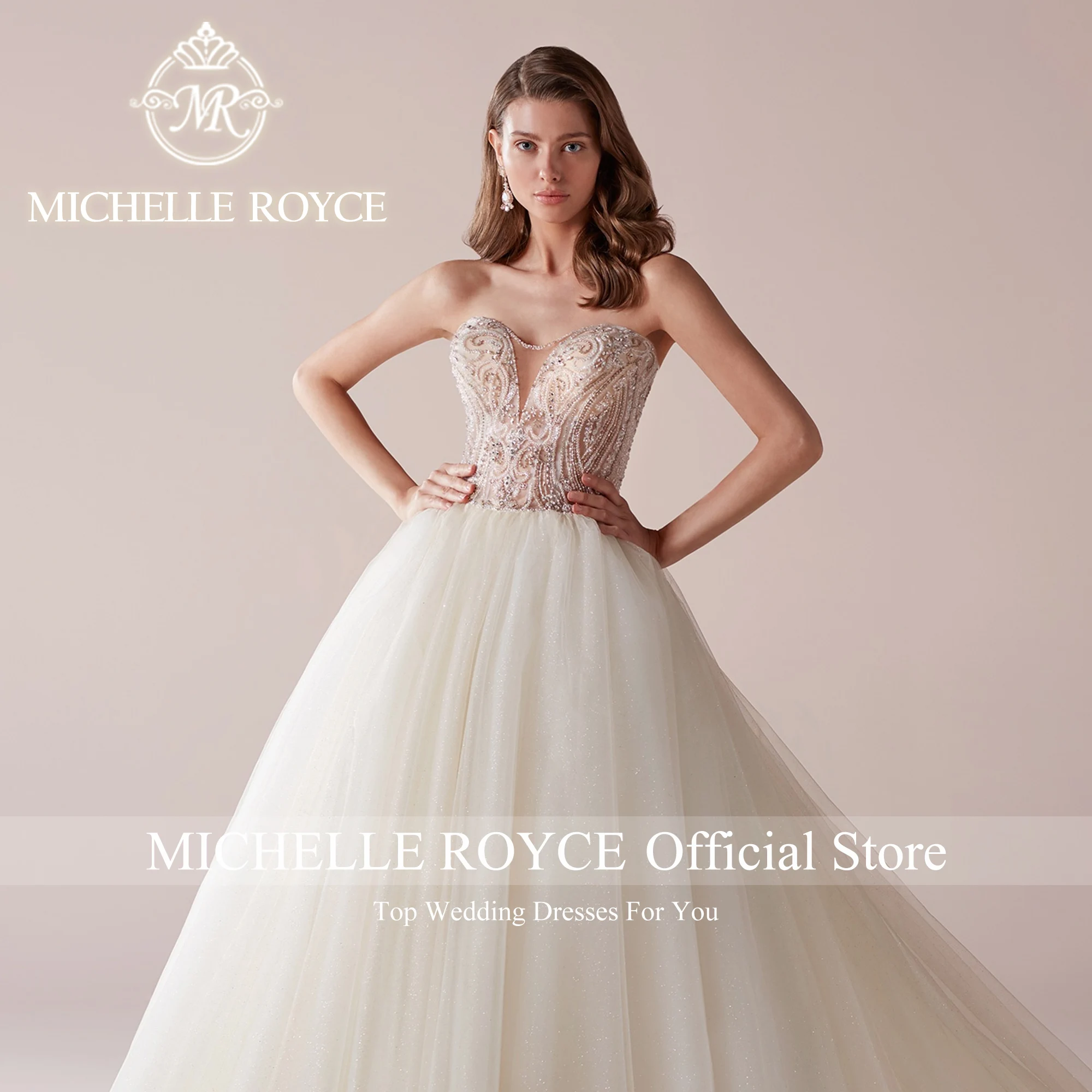 Michelle Royce ชุดเดรสชุดราตรีงานแต่งแฟชั่นใหม่2023ชุดเจ้าสาวหวานแขนกุดผ้าปะติดชุดแชมเปญ