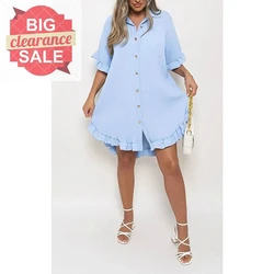 Clearance Sale Women's Solid Color Pleated Ruffle Sleeve & Hem Dress Button Front Frill Detail Shirt Dress