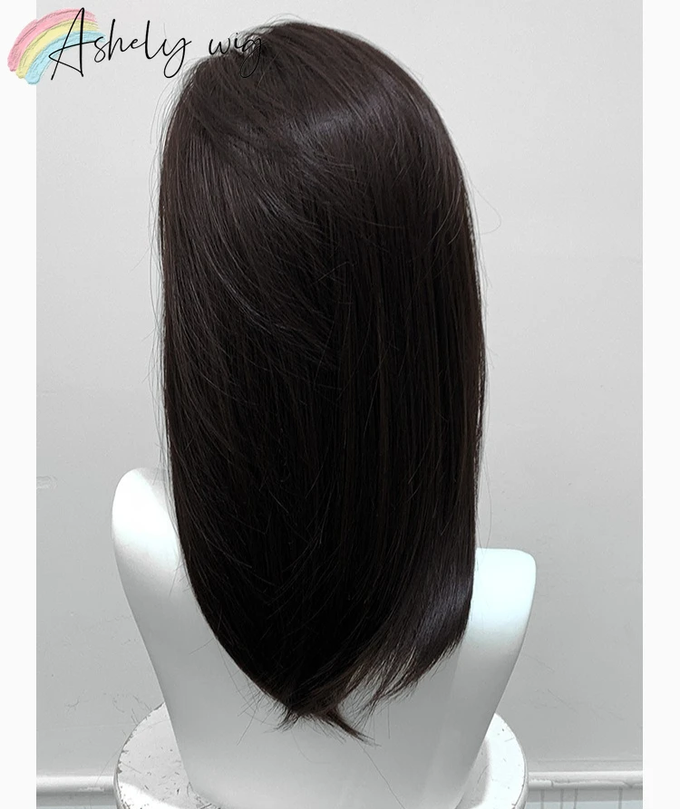 Ashely 黒かつらショートストレート 16 インチヘアウィッグ前髪ヘッドバンドかつら高温繊維合成かつらロリータコスプレ