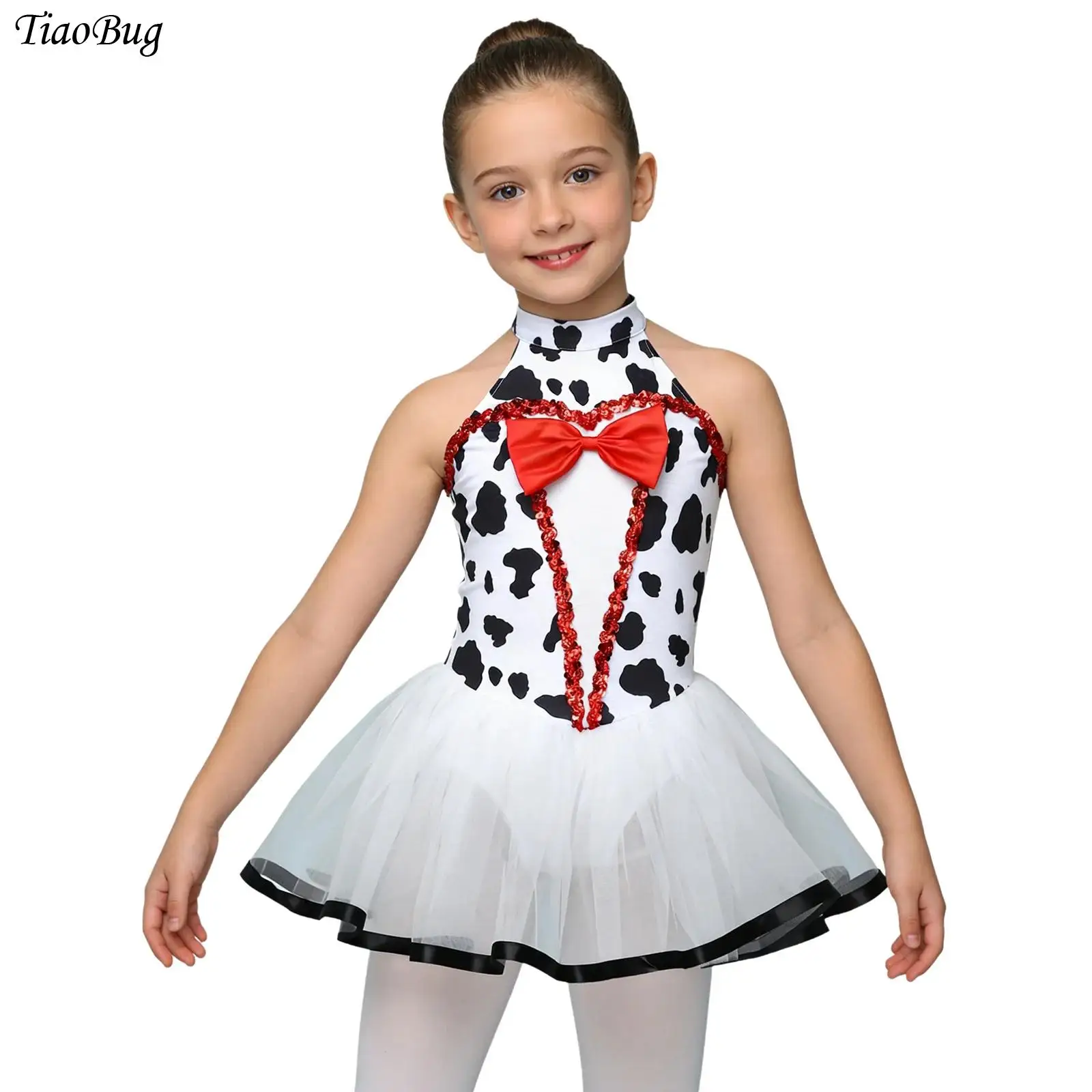 

Girls Dalmatian Costume Fancy Tutu Dress Sleeveless Sequin Bowknot Mesh Puffy Leotard Dress Halloween Animal Cosplay Dress Up
