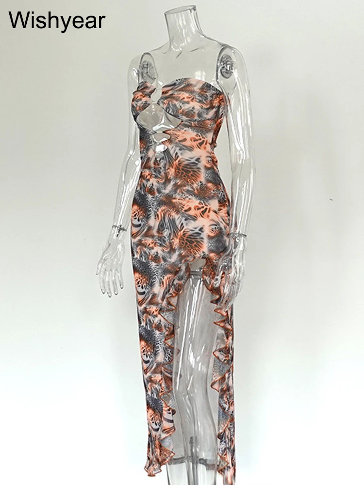 Wishyear Leopard Print Ruffle Hem Split mid Dress off Shoulder Strapless Slim Fit Cut out Backless Beach Party Women's Fashion