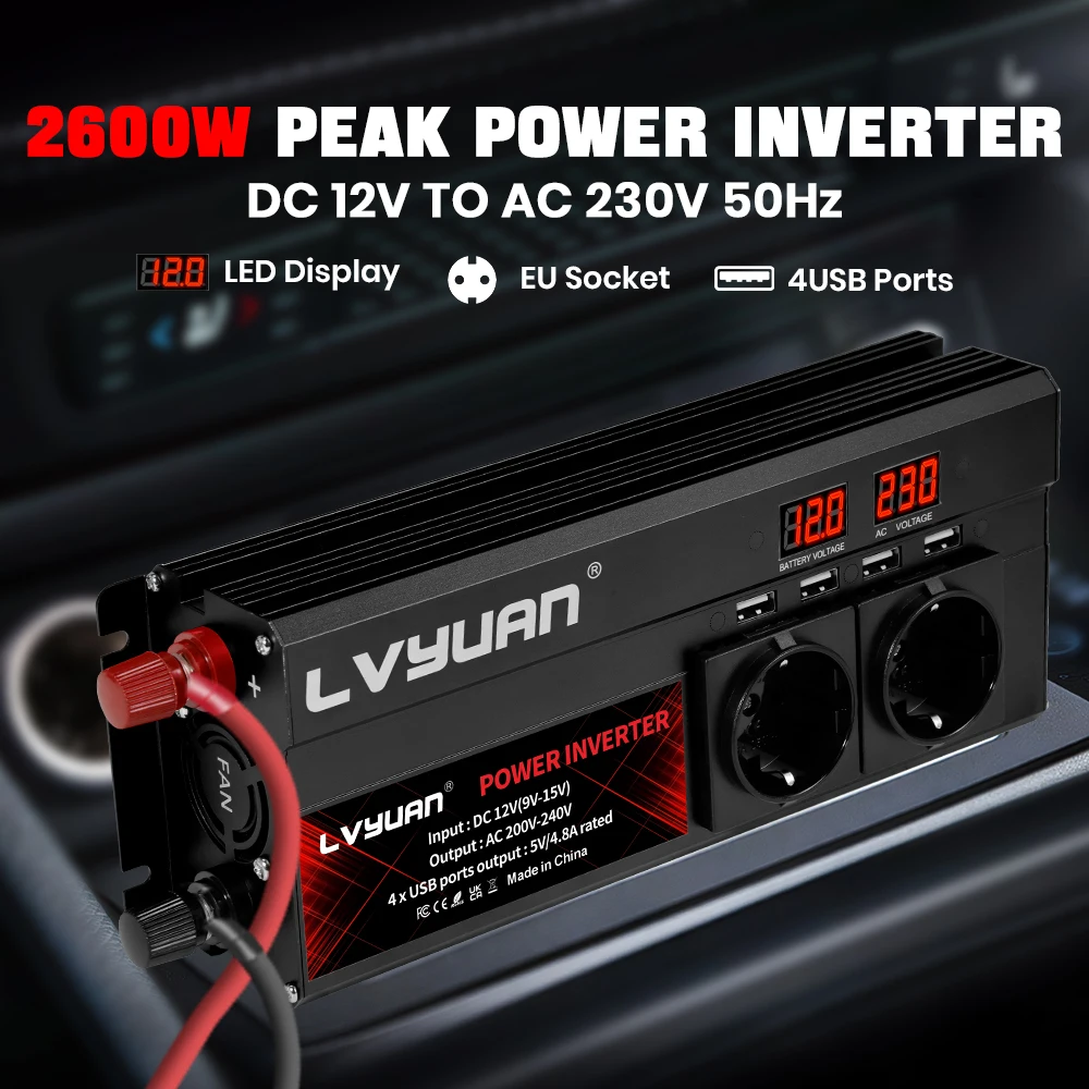 2600W Stromwechselrichter DC 12V zu AC 220V mit 4 USB-EU-Ladeanschlüssen und LED-Anzeige für Wohnmobile, Handys und Autos