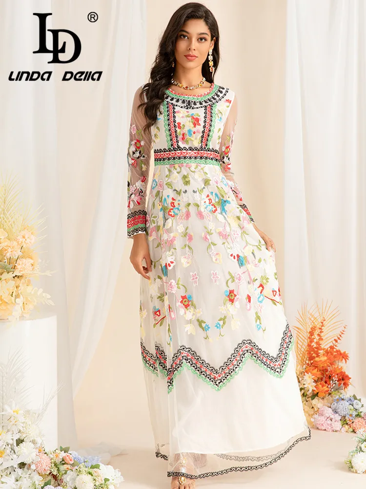 LD LINDA DELLA جودة عالية جديدة أنيقة الأقلية نمط صغير الأزهار التطريز السفر فضفاضة تناسب الملونة السيدات فستان طويل