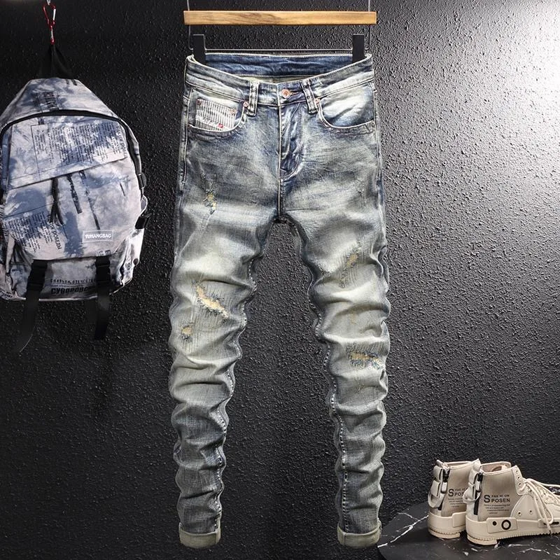 

Autumn and Spring New Fashion Trend Retro Ripped Straight Leg Jeans for Men Casual Sports Comfortable High Quality Denim Pants