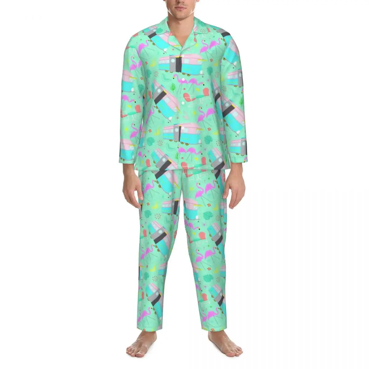 Férias praia pijamas conjunto outono meados do século retro quintal flamingos pijamas diários masculino 2 peça vintage design oversize pijamas