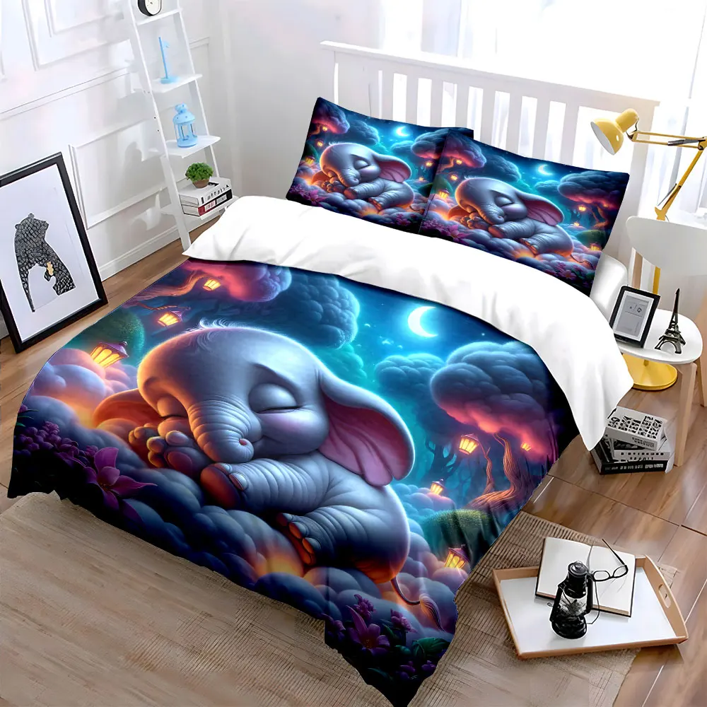 3pcs Dreamy Night Elephant Sleeping Duvet Cover Set with 3D Printing Design Soft Polyester Bedding Set All-Season Comfort