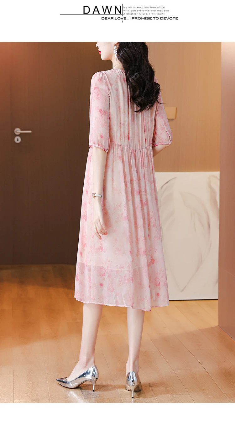 2024 New Summer Pink Silk Short sleeved Dress V-Neck Flower Print Loose Large Waist Slim Silk A-line Knee Length Skirt