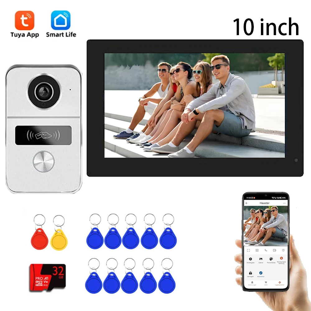 Nouveau système de sonnette vidéo Wifi Tuya HD 1080P, interphone vidéo avec écran tactile de 10 pouces, caméra de porte, carte 32 Go pour la maison, 4 fils