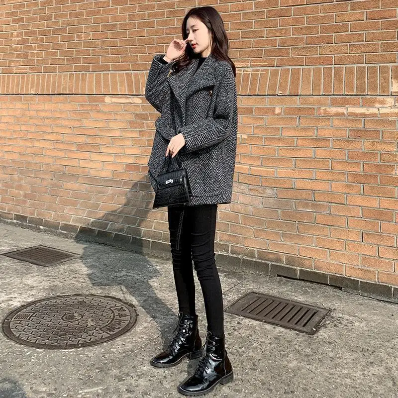 Warm Loose Women's Tweed Blazers Winter Black Plaid Check Female Wool & Blend Coats and Jackets Velvet Outerwear Modern Bags