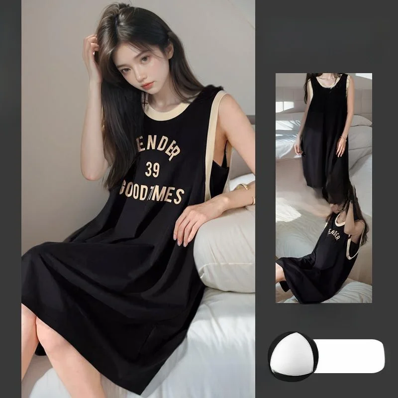 

Summer Sport Style Women's Sleep Dress Korean Version New Model with Chest Pad Midi Dress Nightgown Simple Loose Home Clothes...