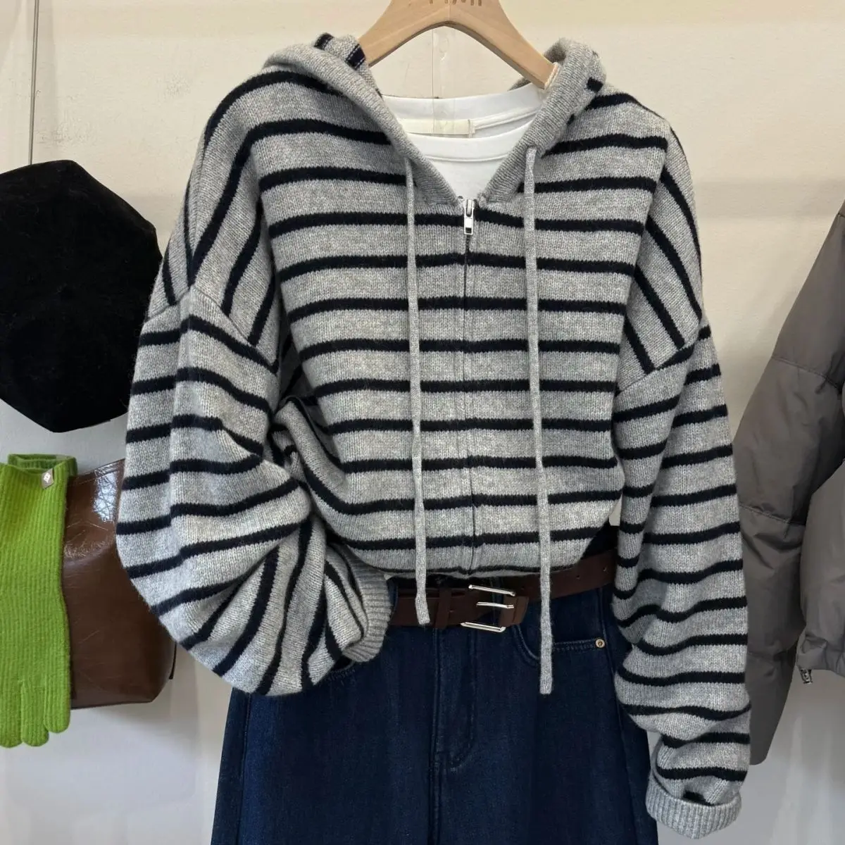 

Gagarich Korean Grey Striped Knitted Cardigan Women Autumn Winter New Casual Simple Loose Versatile Hooded Sweater Top