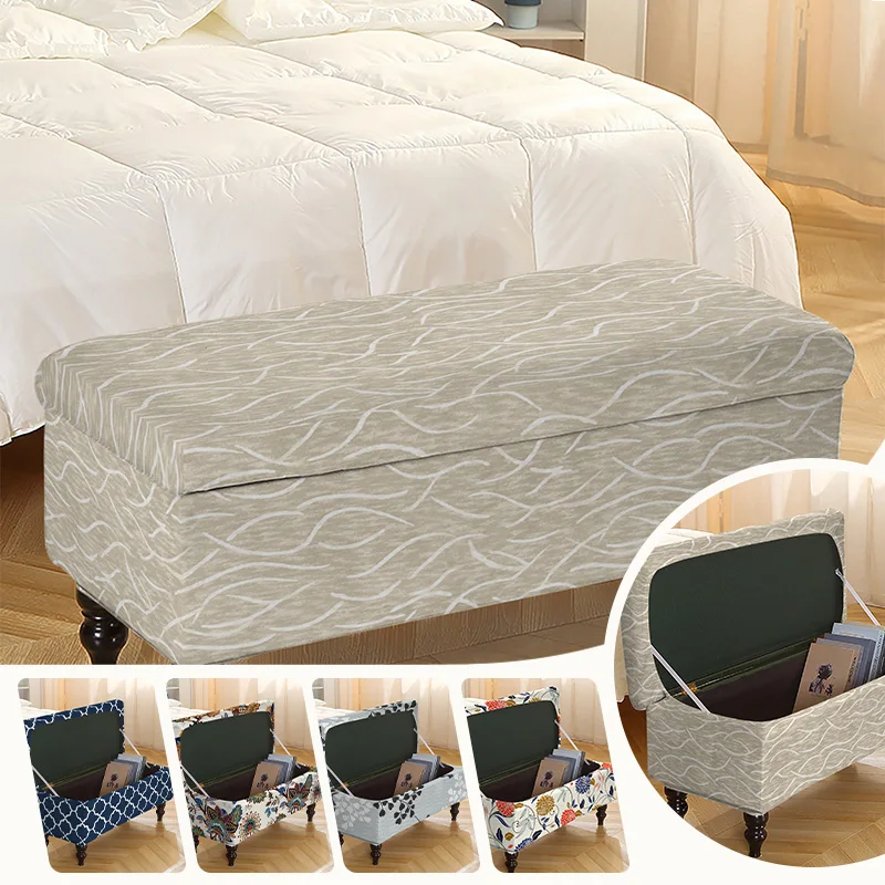 Printed Ottoman Footstool Cover Stretch Piano Storage Stool Covers Rectangle Non-Slip Bedside Footrest Slipcover Housse Pouf