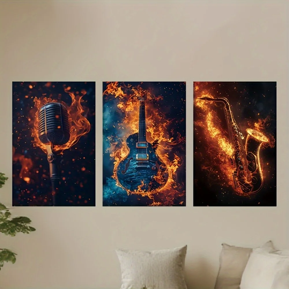 3pcs/Set, Canvas Painting--Unframed, The Fire Burned Microphones, Guitars And Saxophones, Artist'S Drawing, Library