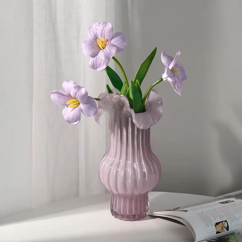  Folded Middle-Aged Glass Flower Vase Gentle Purple Living Room Decorative Ornaments High-End Artistic Flower Pot