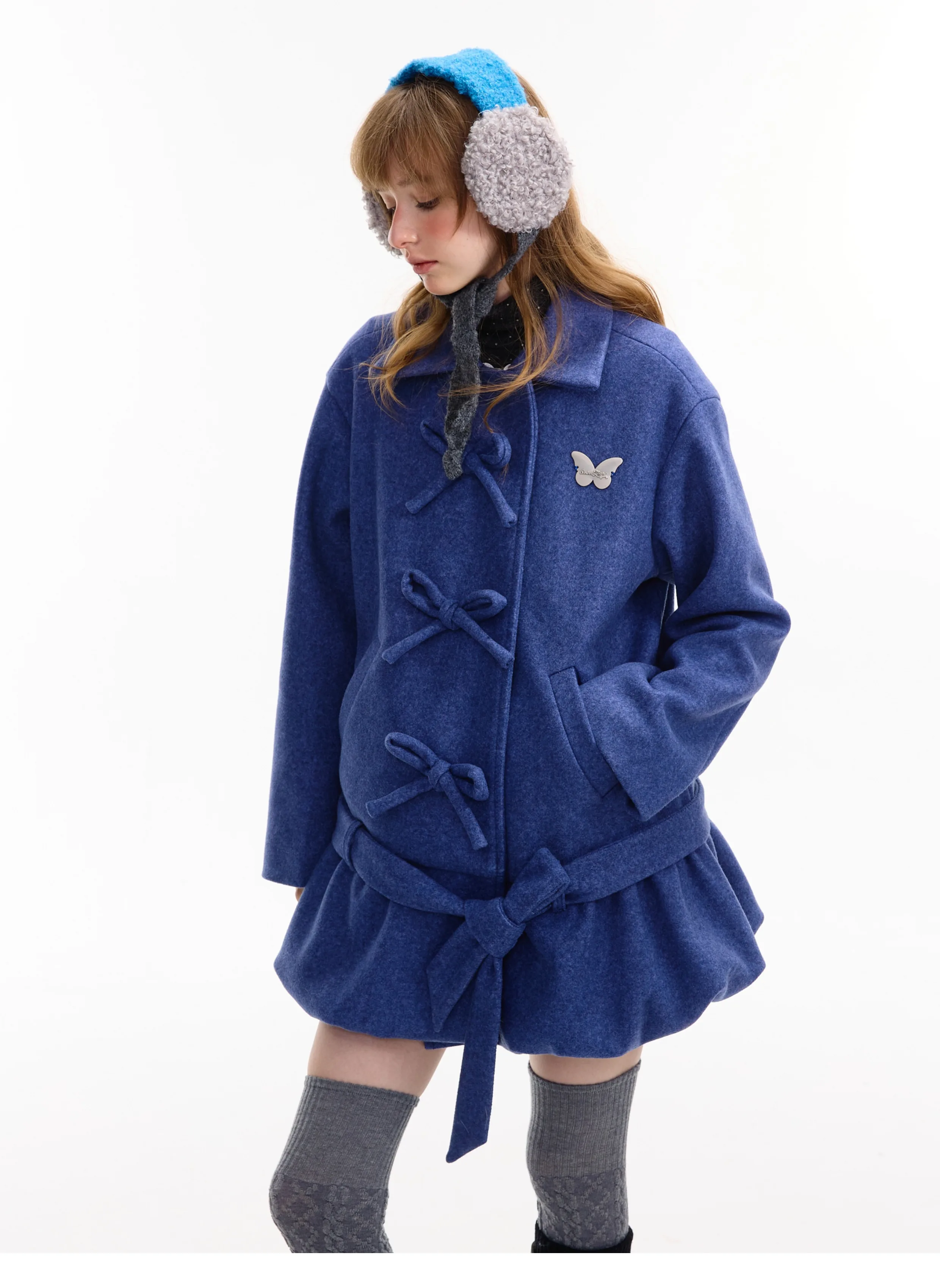 2025 Autumn Winter New American Retro Design Women's Bow Belt Design Loose Casual Mid-Length Green Blue Wool Coat